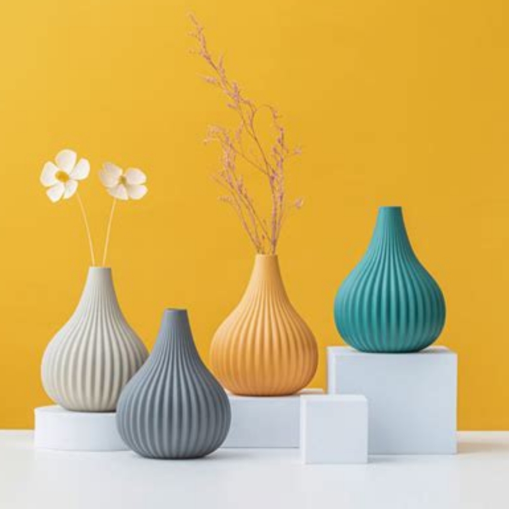 Set of Four Corrugated Mini Vases Orange Teal White Gray